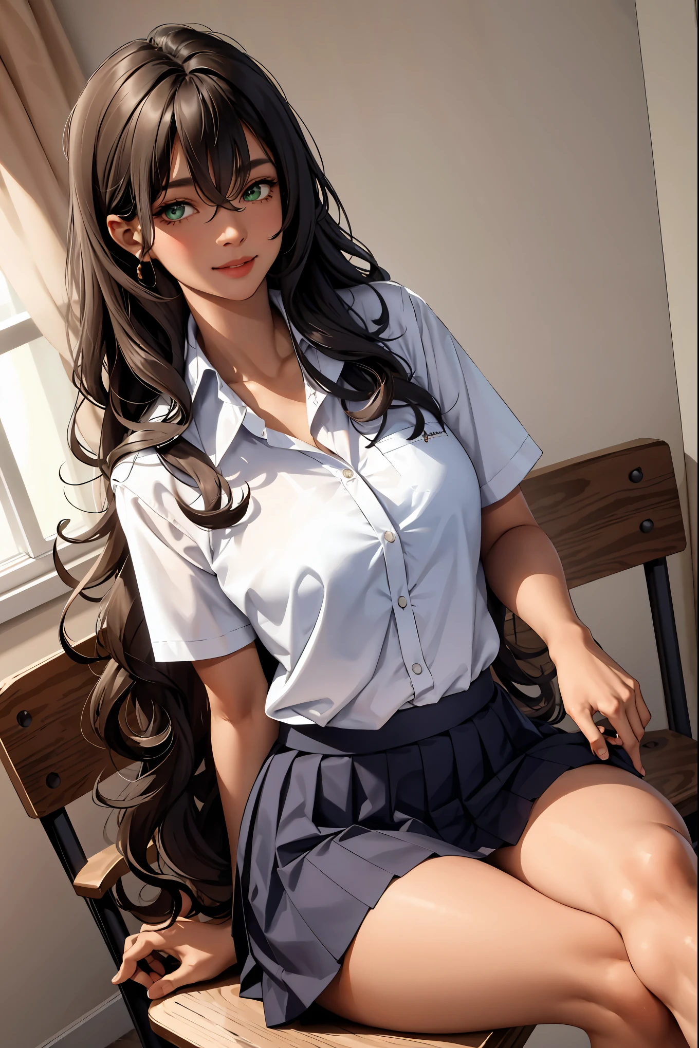 (masterpiece:1.2, best quality), (real picture, intricate details), 1lady, solo, upper body, sitting down, showing legs, casual, school setting, long hair, light makeup, natural fabrics, close-up face, smile, smiling, school, curly black hair, dark hair, curly long hair, curly hair, really long curly hair, bangs, hair bangs, bangs between eyes, green eyes, big breasts, big tits, big butt, skirt, school shirt, school skirt, blue skirt, school skirt, proper uniform clothes, SFW, school proper uniform, goth girl uniform, school, big breasts, big tits, green eyes, tan skin, tanned skin, tan skin, tan skin curly hair, long curly hair, dark skin, brown skin, dark brown skin, black skin