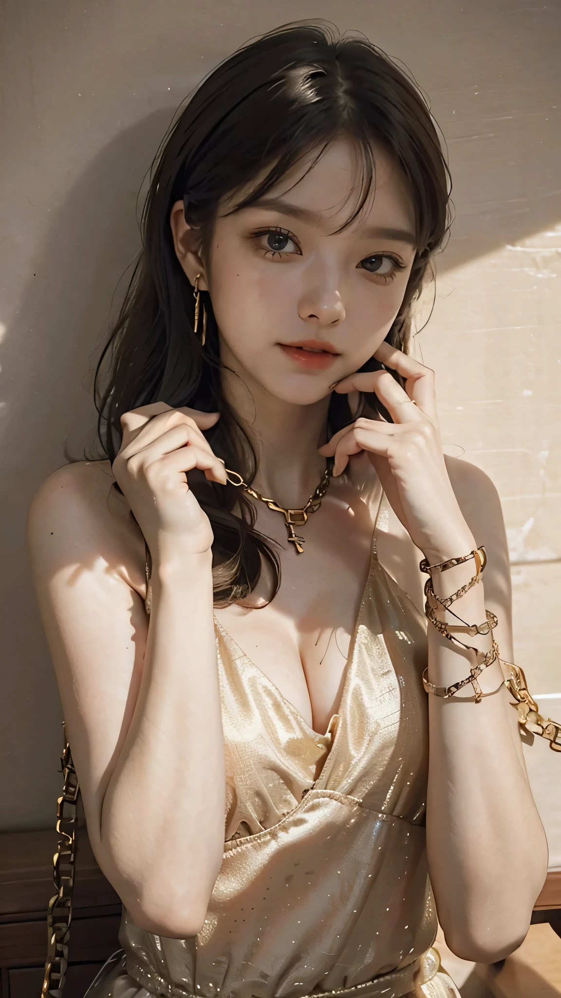 Gold handcuffs on the chain, around the neck