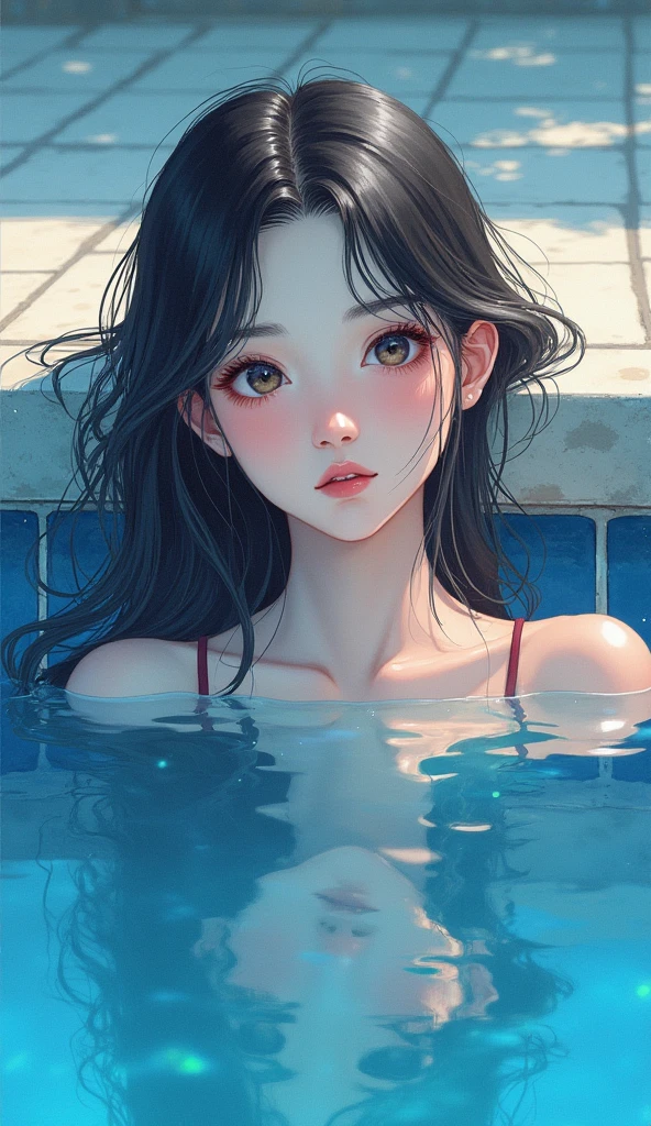 Cute Korean girl by the pool, dark blue, realistic watercolor illustration, beautiful detailed eyes