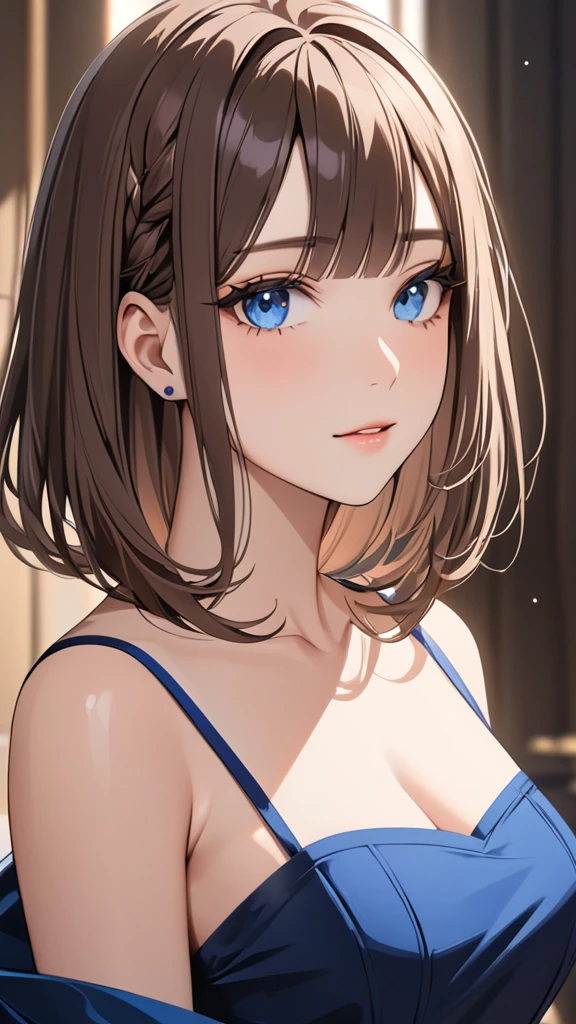 Highest quality　masterpiece　High resolution　masterpiece　Brown Bob　　Blue Eyes Side Face Side Hair