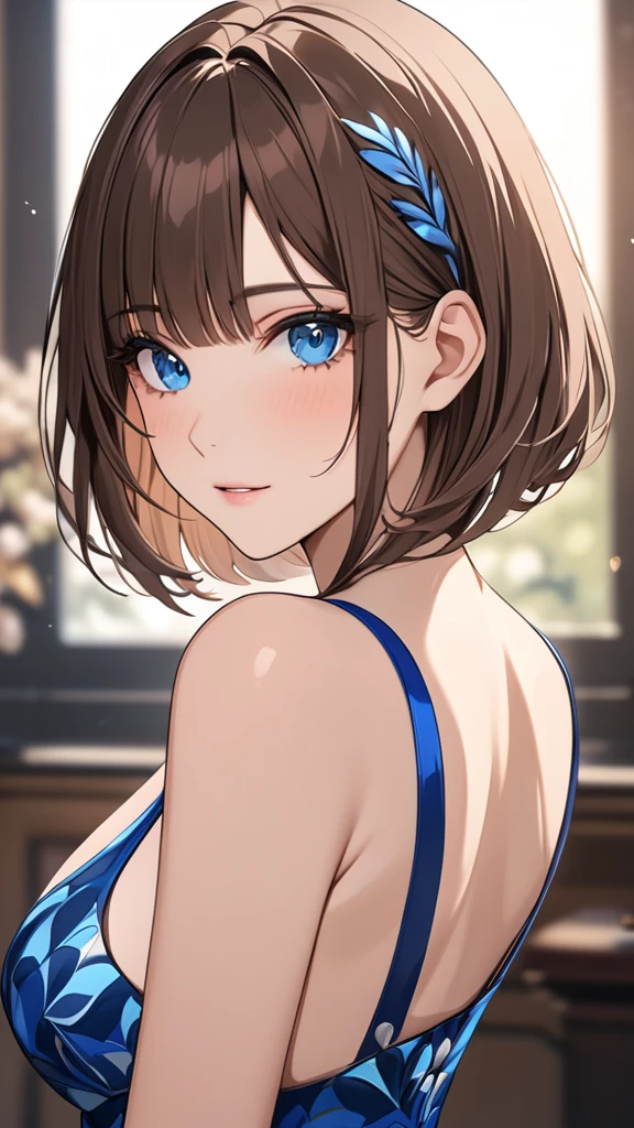 Highest quality masterpiece High resolution masterpiece Brown Bob Blue Eyes Side Face Side Hair