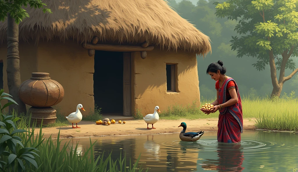 A mud house. Gourd loft next to the house. A pond in front of the house. A few ducks in that pond. In that pond, a woman wearing a sari is holding a duck small small a lot  egg in her hand . 