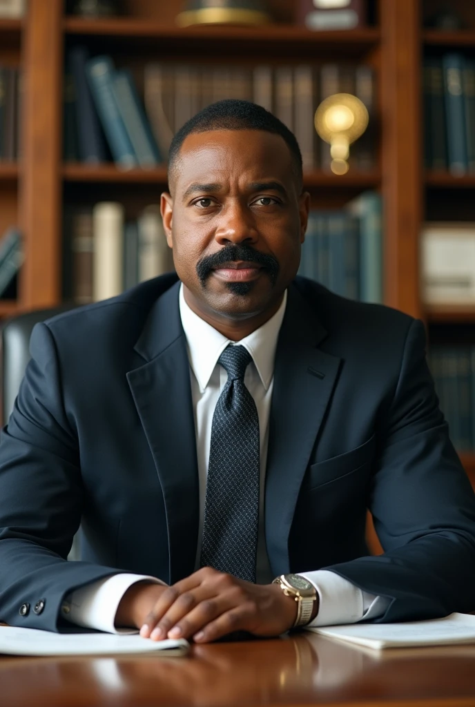 A men who was 4 and black eyeballs and moustache and principal of a school sitting in his office and fit, tall and handsome