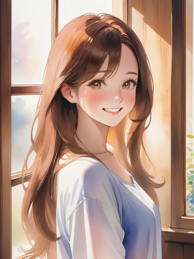 アニメのwoman、Long Hair、Brown Hair、Look at me and smile、work、Adult、woman、refresh、、Vivid、Vibrant、Very fine watercolor painting、The soft light is hitting my face、Adultのwoman、indoor、window、Straight hair、Plump figure、清潔感のらある白いワンピースを着ているAdultのwoman、