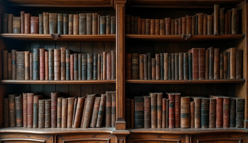 Ancient books neatly arranged on the bookshelf,american retro style,ancient library,gothic library