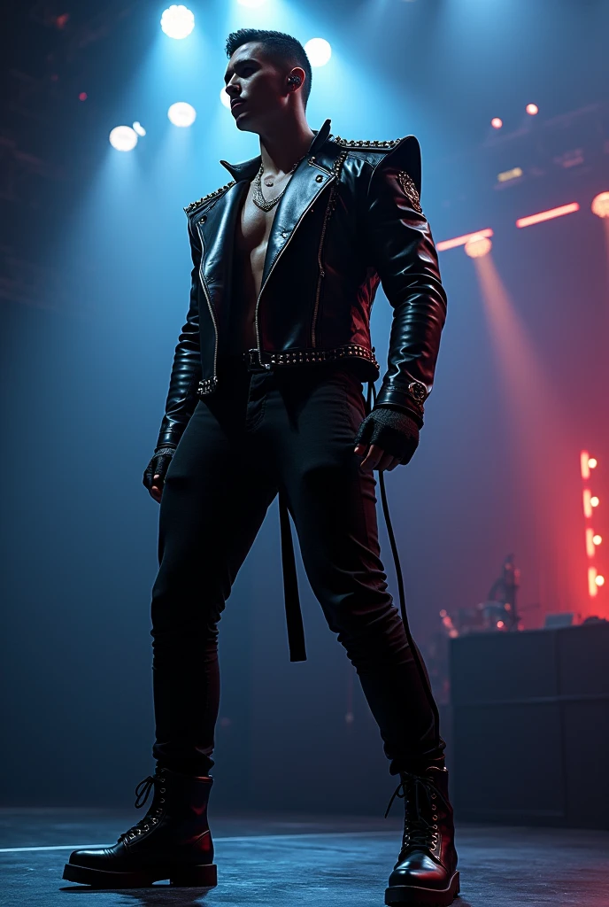 Create an innovative outfit for a male singer .That gives the impression of a sexy and powerful man.Someone imposing.