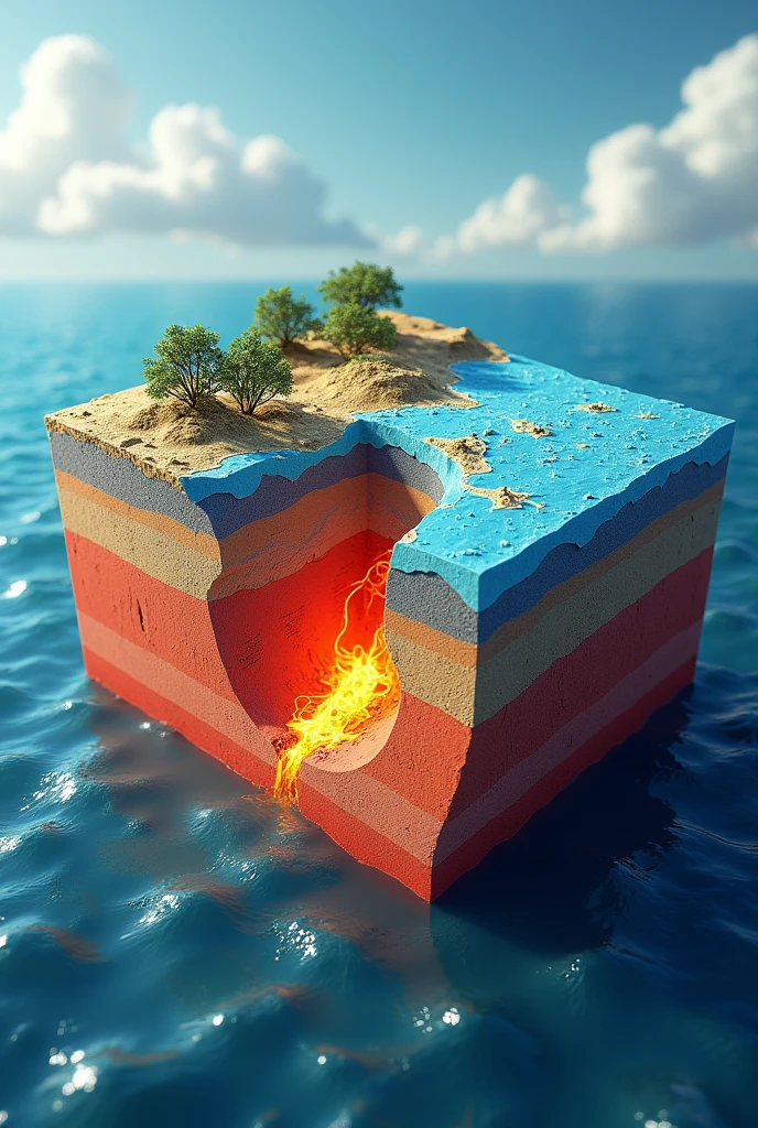 Generate me a 3d box image of the science of earthquakes showing how divergent, convergent and transform work underground on the sea