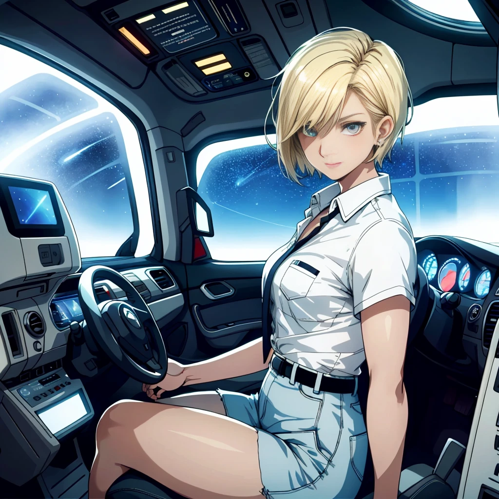 A young sexy blond woman,Keep short hair,Wearing hot clothes,Sitting in the seat of a spaceship,Windows can show beautiful stars