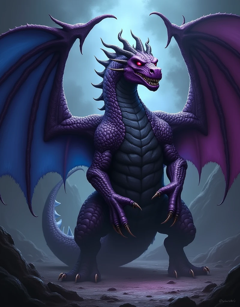 Dark Dragon , Blue left wing , Purple right wing , Spikes , Absorb dark energy , Purple and black scales , scary , Dragon Demon