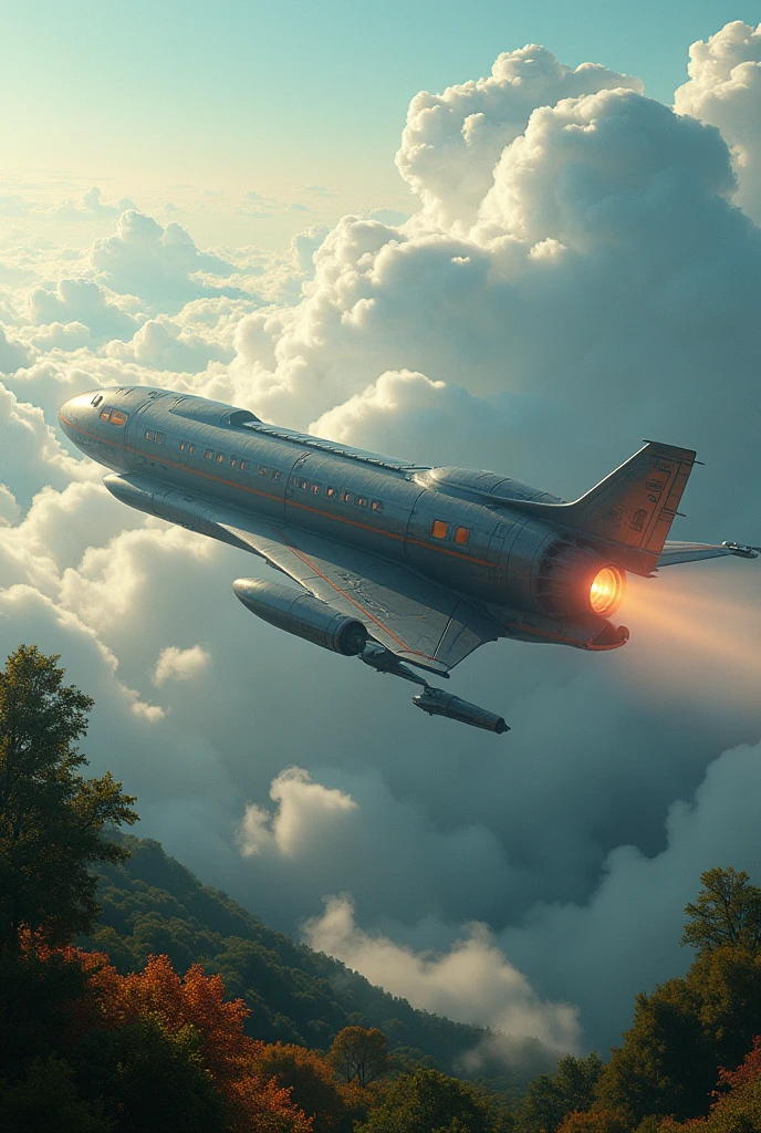 A Thomas the Tank Engine-style spaceship pulls a passenger train through the clouds、Heading into space,A spaceship appears from the clouds,(A beautiful sci-fi aircraft:2.0),(The background is the beautiful garden :1.6),masterpiece,Highest quality,Ultra-high resolution,(Very detailed),8k,Realistic,Best aesthetics,beautiful,(dynamic)