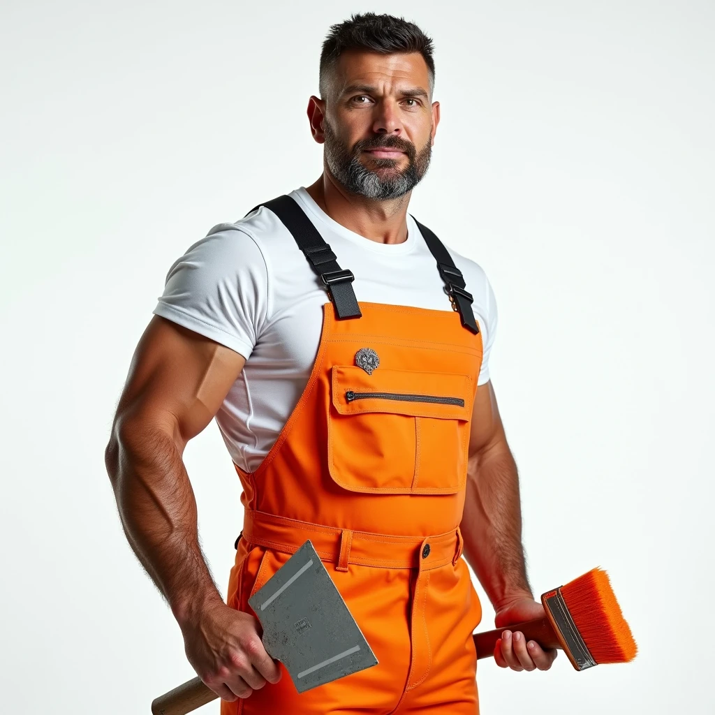 Strong Man of European appearance in a white T-shirt and orange construction overalls, holds a triangular construction spatula in one hand, in the other hand is an orange paintbrush, Studio Photography, studio lighting, realistic skin texture and detail, the man stands slightly sideways, background white uniform, The photo was taken from the waist up