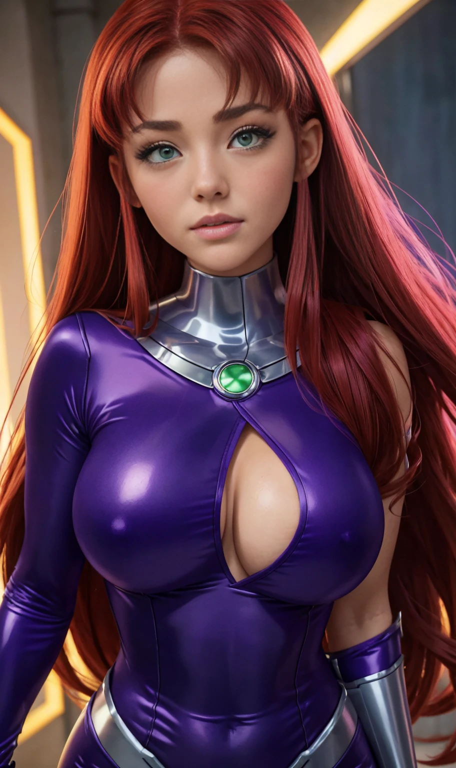 Starfire teen titans plow super thick boobs、very red hair, green eyes、8k, 4k, Of the highest quality, High resolution: 1.2),flicker、an exposed breast、cute anime face、pink blush on the cheeks.、noise removal,very close to the screen. (((her perfect body)))(((purple outfit )))