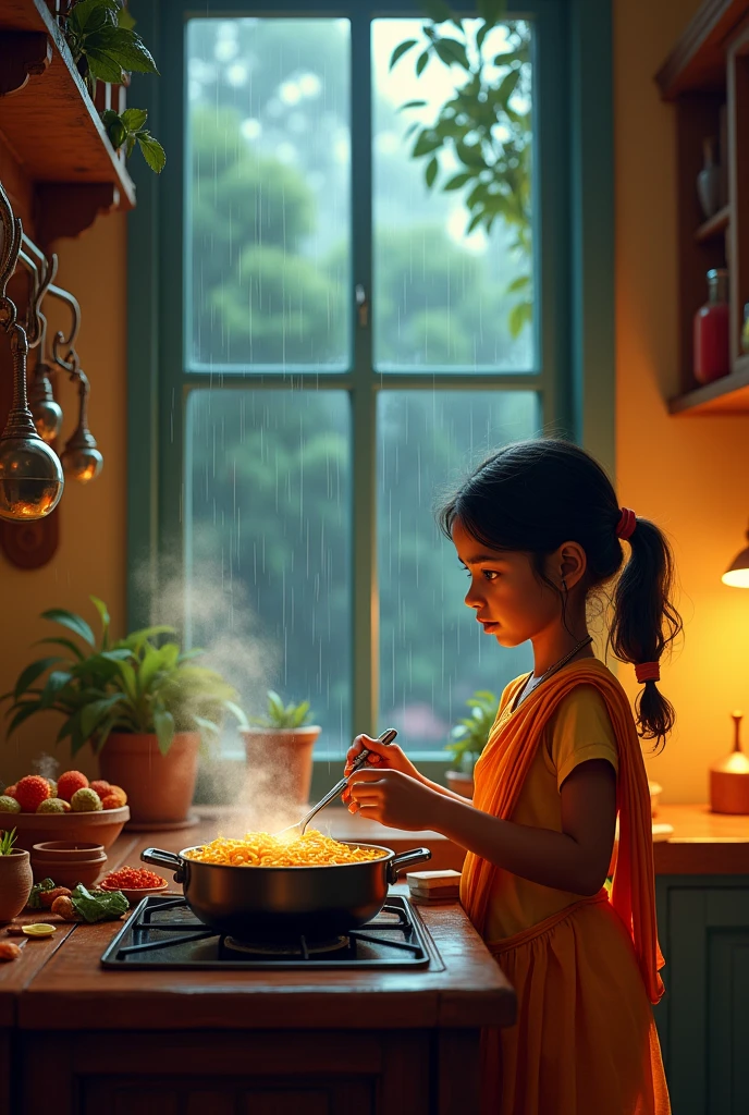 (photorealism:1.2), beautiful woman, sitting on bed, wearing loose off-shoulder top, pajama pants, long curly hair, indoors, soft lighting, plants in background, window with sunlight, cozy room, relaxed pose, realistic, intricate details, warm colors, by Greg Rutkowski, by Alphonse MuchaIllustrate a cozy Indian kitchen with a young girl, around 8-, preparing Maggi noodles on the stove. She is dressed in traditional or casual attire, with her hair tied back, and is happily stirring a pot of noodles. The background features a large window or open door showing heavy rain outside, with raindrops streaking down and possibly a lush garden or wet streets visible. The kitchen should be warmly lit, with traditional elements such as colorful utensils, spices, and a potted plant, creating a comforting contrast to the rainy scene outside.