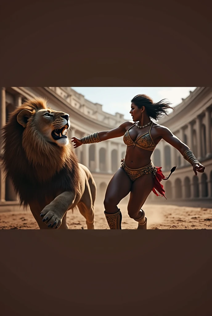 (RAW photo), (Realistic,8k), (photo-realistic), ultra high resolution, masterpiece, highest quality, portrait, facial portrait, perfect lighting, detailed lighting, dramatic shadow, ray tracing, 1 beautiful slave 40 yo woman, , ((Idol face)), perfect anatomy, dark skin, Voluptuous, cleavage, symmetrical eyes, beautiful detailed brown eyes, chubby lips, big thick thighs, abs, muscle, shortcut hair, black hair, half open mouth, ((wearing a erotic Gladiator costume)), ((in Rome Arena)), (((fight with Lion))),