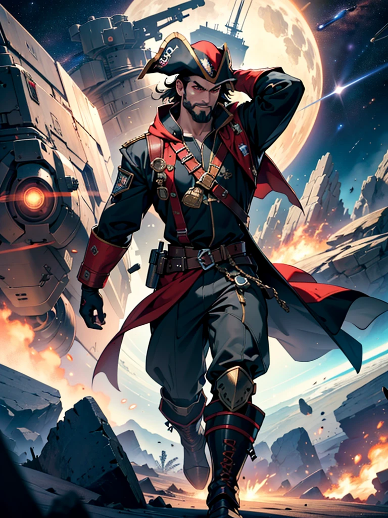 Space action movie poster. Best quality, masterpiece, a high resolution, One, One focus, 1 boy, mature man, black hair, Red eyes, (perfectly drawn face), facial hair, Smirks, (Long sleeves, Pirate Costume, pirate hat, Pirate boots), space background, standing on the wheelhouse of a space pirate ship, V-shaped eyebrows, Evil grin, There is a space battle in the background, battleship explosions, Wearing the Desert Cloak, Wearing full heavy mecha armor, Fighting pose, War of alien civilizations, The smoke from the gun fills, Soldier in armor, full armor, Against the backdrop of a bright space battle and explosions of space battleships, almost perfect, Light red color, Scatters gold coins. In its purest form, intricate details, Post-production 8K, high resolution, super detail, trending on artstation, Sharp Focus, intricate details, Very detailed, dynamic movement, engineering ingenuity, hard breath, (oppressive attack)