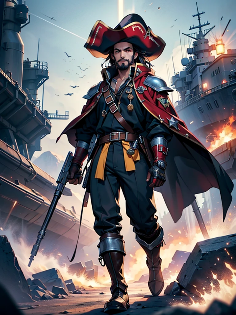 Space action movie poster. Best quality, masterpiece, a high resolution, One, One focus, 1 boy, mature man, black hair, Red eyes, (perfectly drawn face), facial hair, Smirks, (Long sleeves, Pirate Costume, pirate hat, Pirate boots), space background, standing on the wheelhouse of a space pirate ship, V-shaped eyebrows, Evil grin, There is a space battle in the background, battleship explosions, Wearing the Desert Cloak, Wearing full heavy mecha armor, Fighting pose, War of alien civilizations, The smoke from the gun fills, Soldier in armor, full armor, Against the backdrop of a bright space battle and explosions of space battleships, almost perfect, Light red color, Scatters gold coins. In its purest form, intricate details, Post-production 8K, high resolution, super detail, trending on artstation, Sharp Focus, intricate details, Very detailed, dynamic movement, engineering ingenuity, hard breath, (oppressive attack)