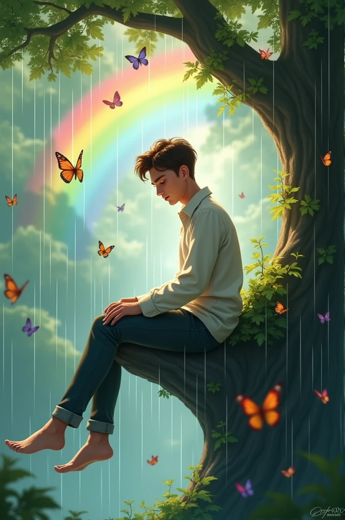 Lover boy sitting on tree and butterflies and rain rainbow