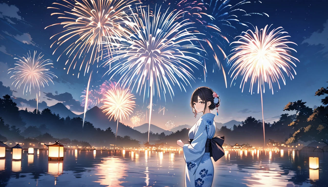 Highest quality,Wearing a yukata,firework,Night Sky