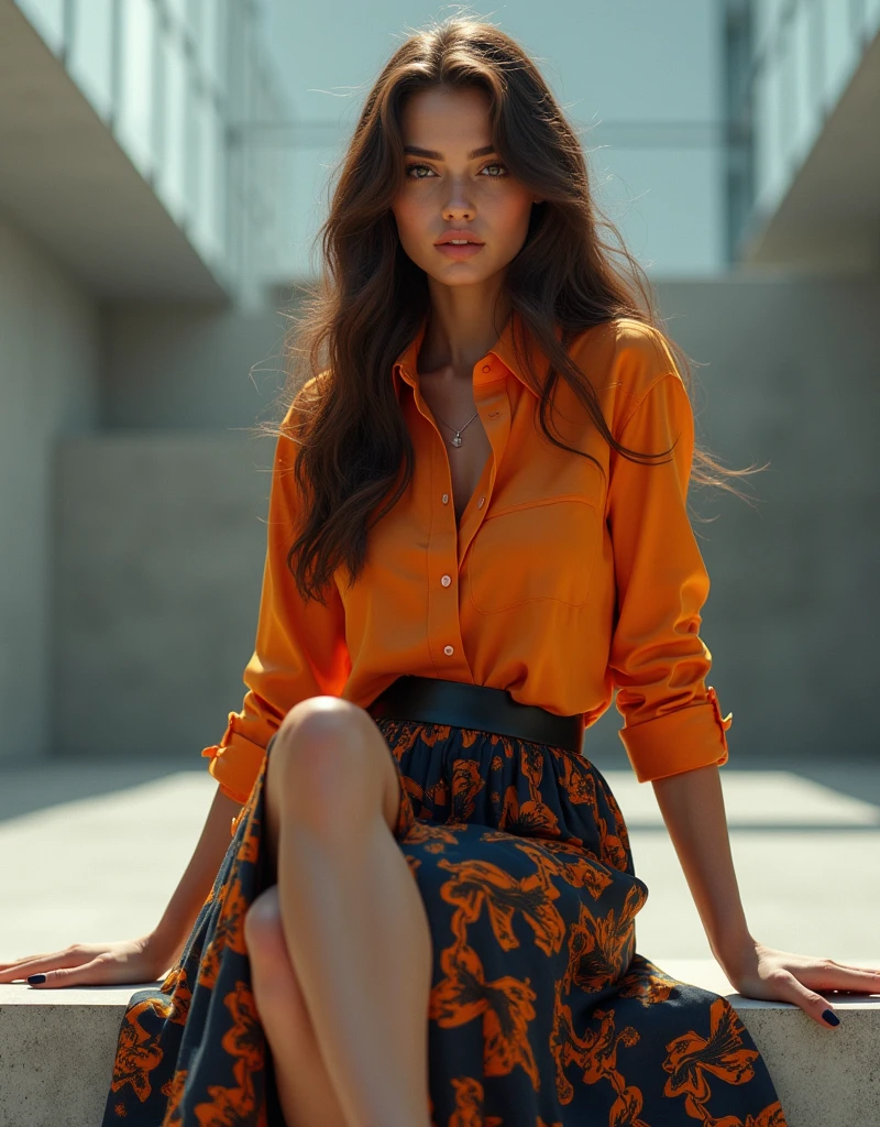 (Highest quality、Ultra-high resolution)、(Full Body Portrait)、(colored shirt with collar:1.1)、(Geometric pattern long skirt:1.3)、(silk pantyhose)、High heels、(Sitting with legs crossed)、1 girl、with long brown hair,(Large Breastodern architecture in the background、(((Perfect Anatomy, Perfect body, Perfect hands,boobs Perfect Face, Perfect Eyes, Accurate, Anatomically correct))), Perfectly clear and sharp focus, Highest quality、Ultra-high resolution, masterpiece, Ultra-realistic、Professional Lighting