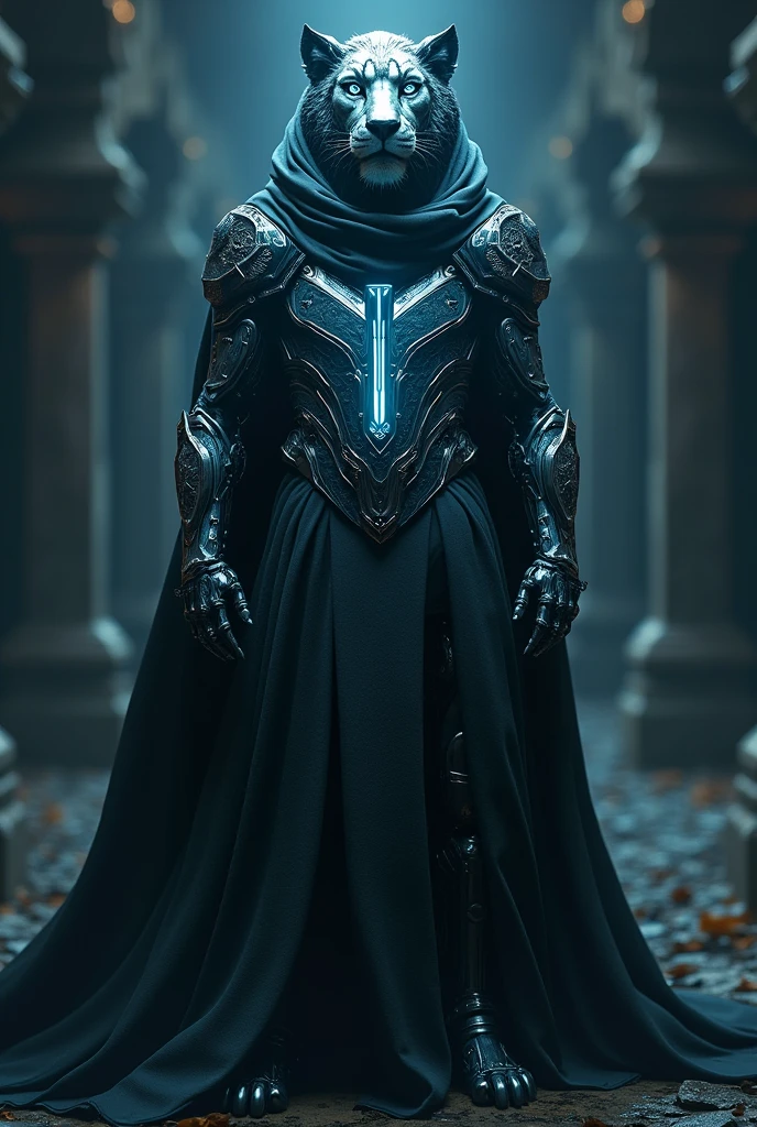 realistic, shiny, reflective, bioluminic, galactic cybernetic mask, In the form of a lion, mecha, (assassin:1.2), scarf, cloak, sh4g0d, GlowingRunes_red, fullbody, cinemnatic, dark background, backlight, high contrast,
