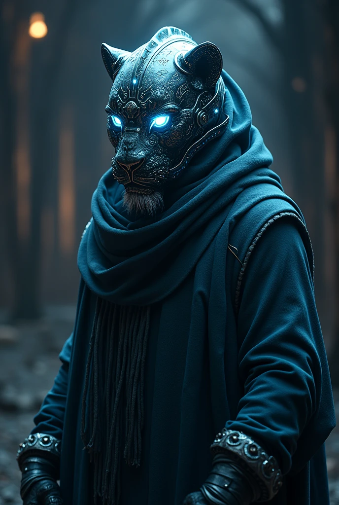 realistic, shiny, reflective, bioluminic, galactic cybernetic mask, In the form of a lion, mecha, (assassin:1.2), scarf, cloak, sh4g0d, GlowingRunes_red, fullbody, cinemnatic, dark background, backlight, high contrast,