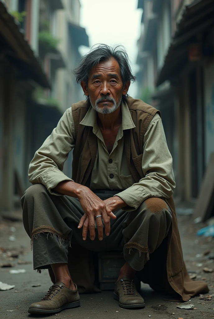 a middle-aged Asian man dressed as a beggar, all dirty and with torn clothes