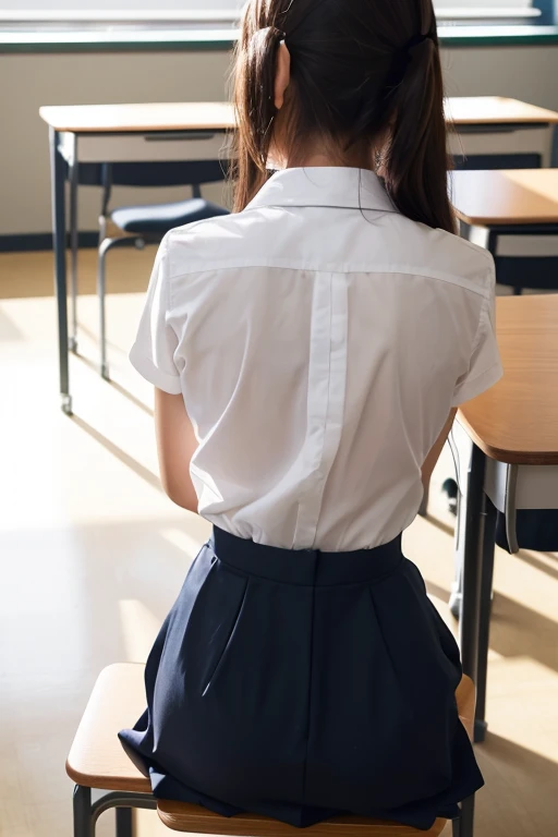 1 persons、Top image quality、realisticlying、Brown hair、Beautiful skin、Woman in her 20s、 worker、Dark blue school uniform、White sheer shirt、Dark blue skirt、Leaning forward、Put your hands on your knees、stick your butt back、backs、beautiful ass、