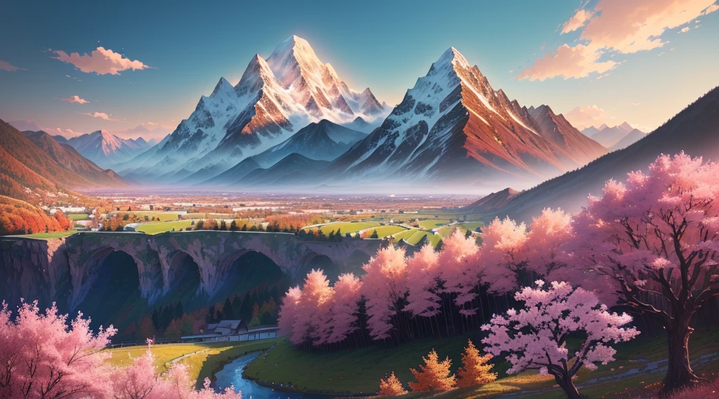 Anime Landscape with mountains and flowers in the foreground, Anime Landscape wallpaper, beautiful Anime Landscape, Anime Landscape, Anime Background art, Anime Landscape, Anime rural scenery, Anime Background, Detailed scenery —width 672, Anime Landscape concept art, Anime beautiful peaceful scene, Beautiful anime scene, Anime movie background, Anime Nature, Huge landscape!, 4k anime wallpaper，autumn，将这张风景改为autumn