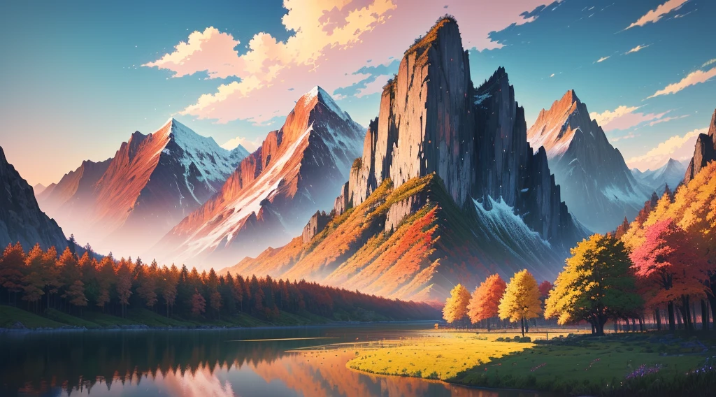 Anime Landscape with mountains and flowers in the foreground, Anime Landscape wallpaper, beautiful Anime Landscape, Anime Landscape, Anime Background art, Anime Landscape, Anime rural scenery, Anime Background, Detailed scenery —width 672, Anime Landscape concept art, Anime beautiful peaceful scene, Beautiful anime scene, Anime movie background, Anime Nature, Huge landscape!, 4k anime wallpaper，autumn，将这张风景改为autumn