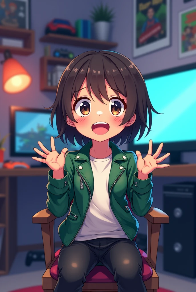 An anime girl around 2 sitting in her gaming room and telling a story. She is Wearing a green leather jacket a white T-shirt and black jeans