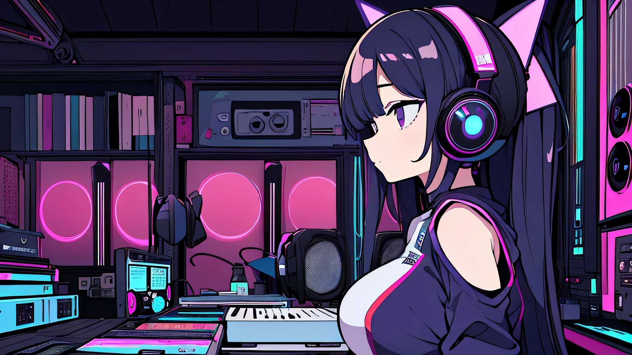 Best quality, (masterpiece), best detail face,1 girl, big breasts, 18 yo, 8k,absurdres,unity 8k wall paper,(extremely detailed:1.3), highest realistic, (retro headphones:), (soft neon light:), (psychedelic), Her room full of music equipment and records, sports wear , See the whole room , dark purple color pallet, (side view)