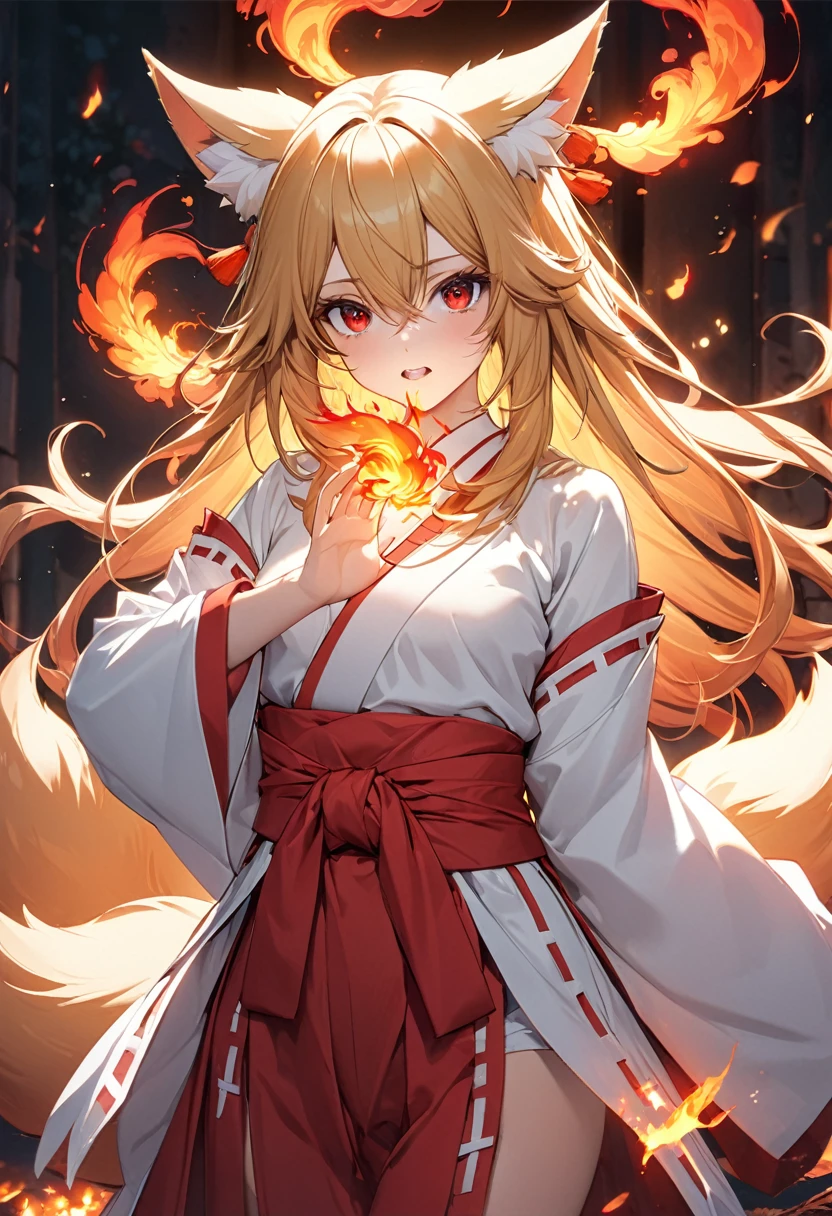 Longhair, (Red eyes:1.5),   women、slender、animal ears, tail, Shiny golden hair,   Fox ears,Fox Tail,  9 tails、Nine-Tailed Fox、The tips of the ears are white、White at the tip of the tail、(small breast:1.2), Double teeth、Slanted Eyes、BREAK looking at viewer, BREAK outside, BREAK (masterpiece:1.2), best quality, high resolution, unity 8k wallpaper, (illustration:0.8), (beautiful detailed eyes:1.6), extremely detailed face, perfect lighting, extremely detailed CG, (perfect hands, perfect anatomy),Scarlet hakama、Miko costume、Manipulating Fire、