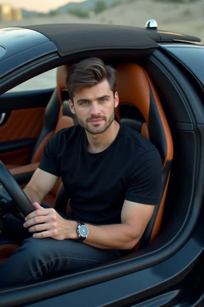 A normal person seat on buggati wearing a black shirt Rolex watch