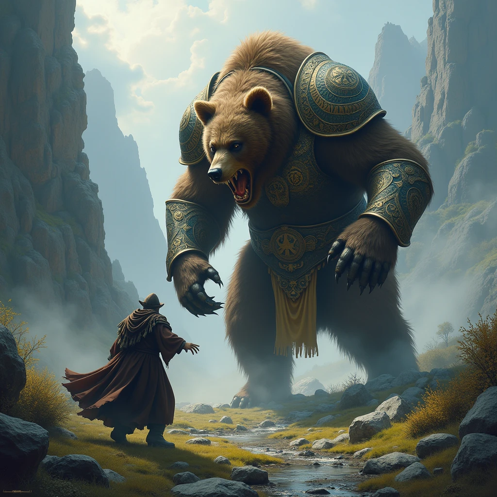 Bear Terrible Fury Wild, Armor with Patterns, A Wizard with an Aura of Magic comes out against him and casts a spell., against the backdrop of Epic Mountain Marshy Terrain, Fog a little Wind, masterpiece, full detailed