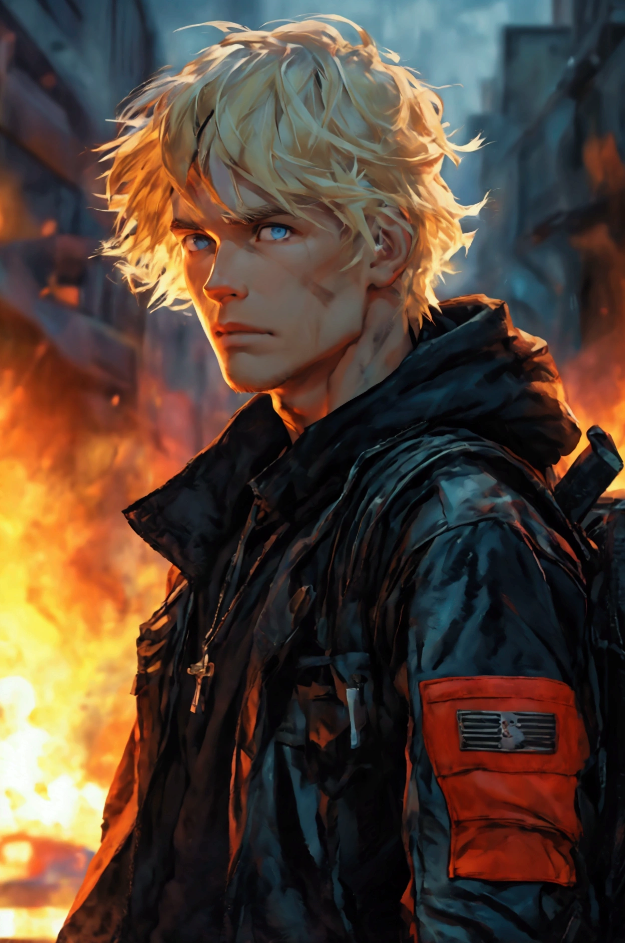 A close-up and front view of a young adult with an athletic body, clearly masculine with marked features, 1,9metros, blonde hair and blue eyes, Russian ancestry, He wears a black varsity jacket with red details, Inside he is wearing a black t-shirt with what appears to be a military logo., a large backpack on his back and a 9mm in a cross-body holster. apocalipsis zombie. city night. Car on fire. sportsman.