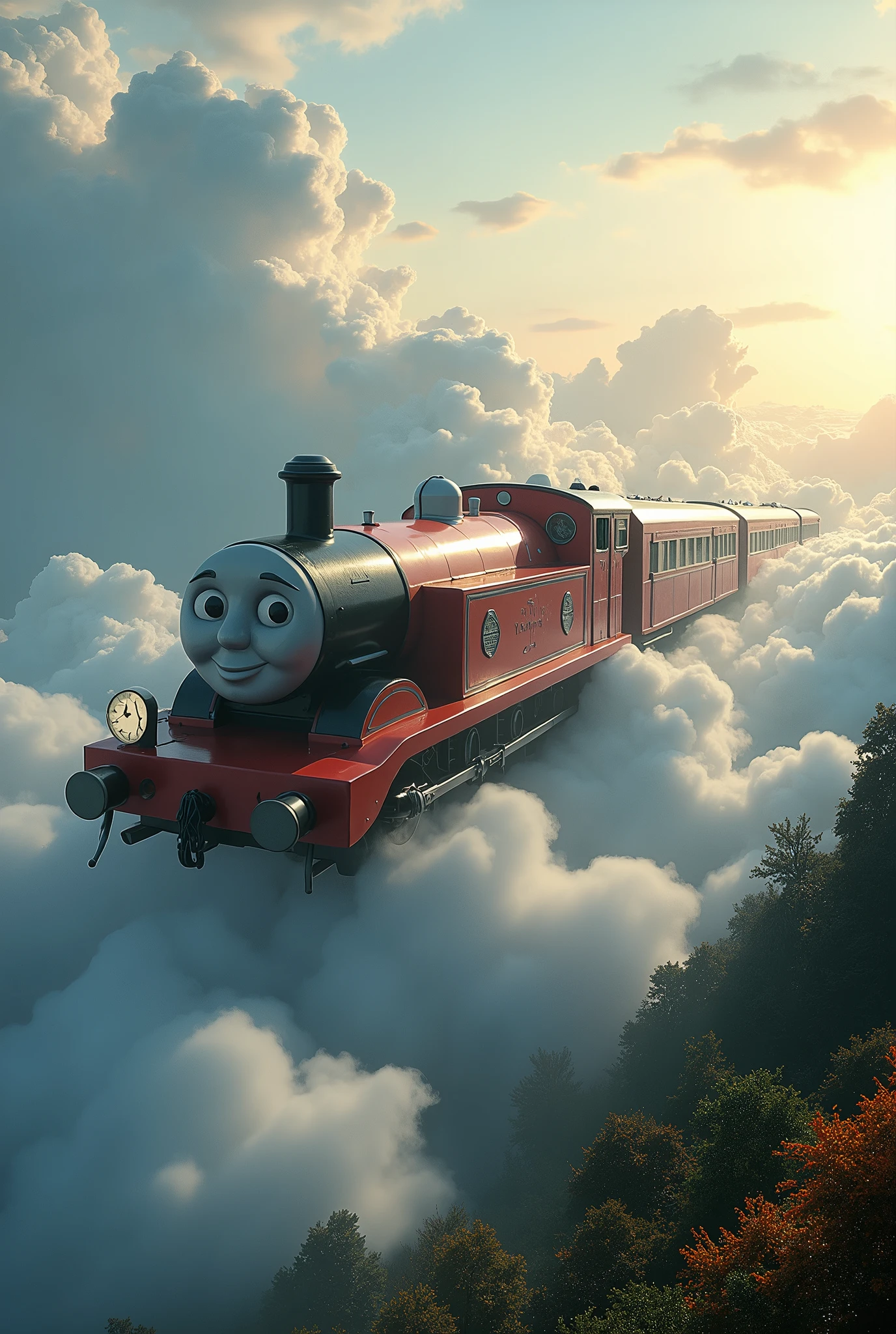 A Thomas the Tank Engine-style spaceship pulls a passenger train through the clouds、Heading into space,A spaceship appears from the clouds,(A beautiful sci-fi aircraft:2.0),(The background is the beautiful garden :1.6),masterpiece,Highest quality,Ultra-high resolution,(Very detailed),8k,Realistic,Best aesthetics,beautiful,(dynamic)
