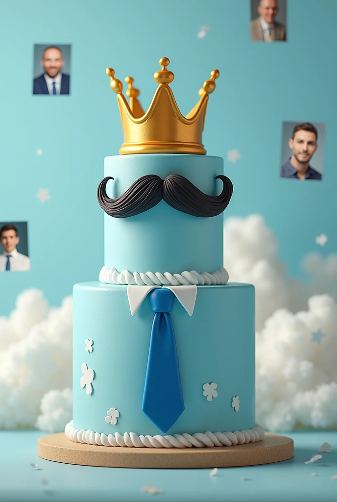 Make a two tiered cake in sky blue color , in bottom tier add a men tie , top tier mustache and top of the the cake a golden crown , and some men’s photos randomly added cake