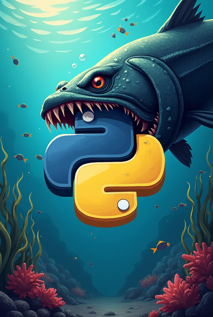 python programming logo upon tne logo text should be day 25 learning and logo is eating by a killer fish in water