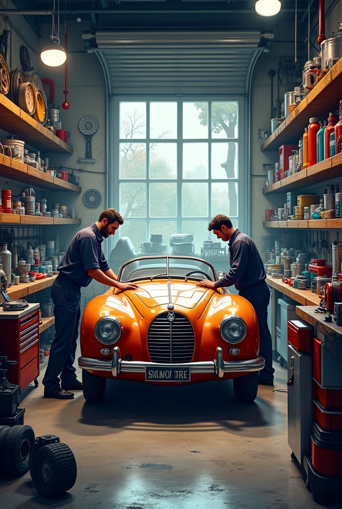 Design a very unique realistic poster of my car spare part shop that is opening soon called kush auto spares. On the poster i want to see a car spare parts and a car being fixed