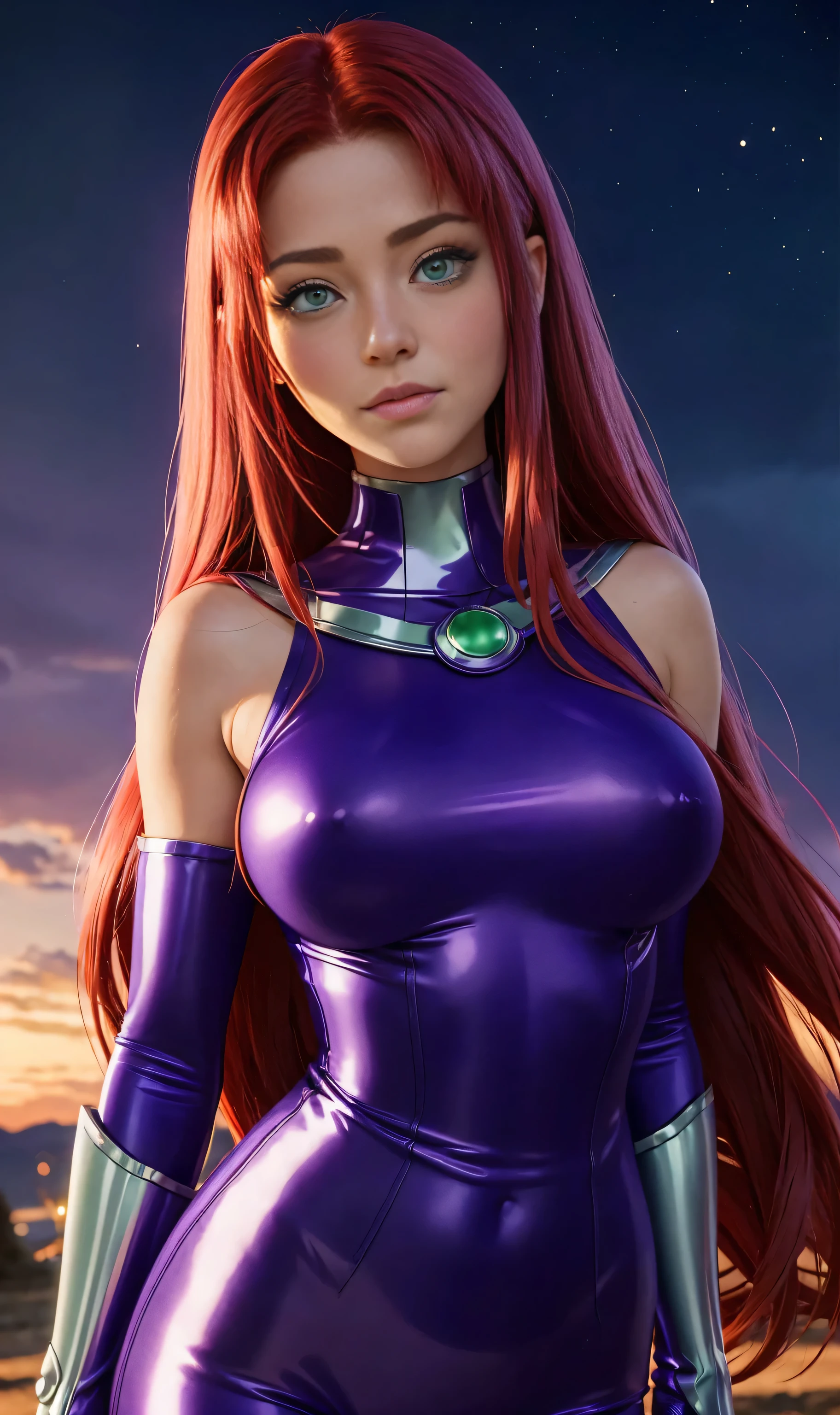 Starfire teen titans plow super thick boobs、very red hair, green eyes、8k, 4k, Of the highest quality, High resolution: 1.2),flicker、an exposed breast、cute anime face、pink blush on the cheeks.、noise removal,very close to the screen. (((her perfect body)))(((purple outfit )))