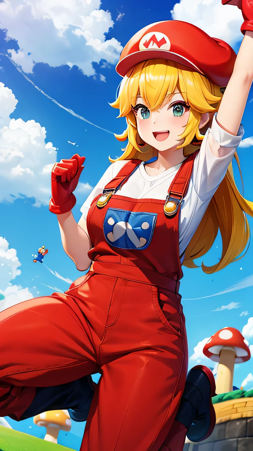 a young woman, cosplay, Super Mario, red dress, blue overalls, yellow gloves, red cap with M, cheerful expression, jumping, green hills, clouds, mushrooms, Super Mario world