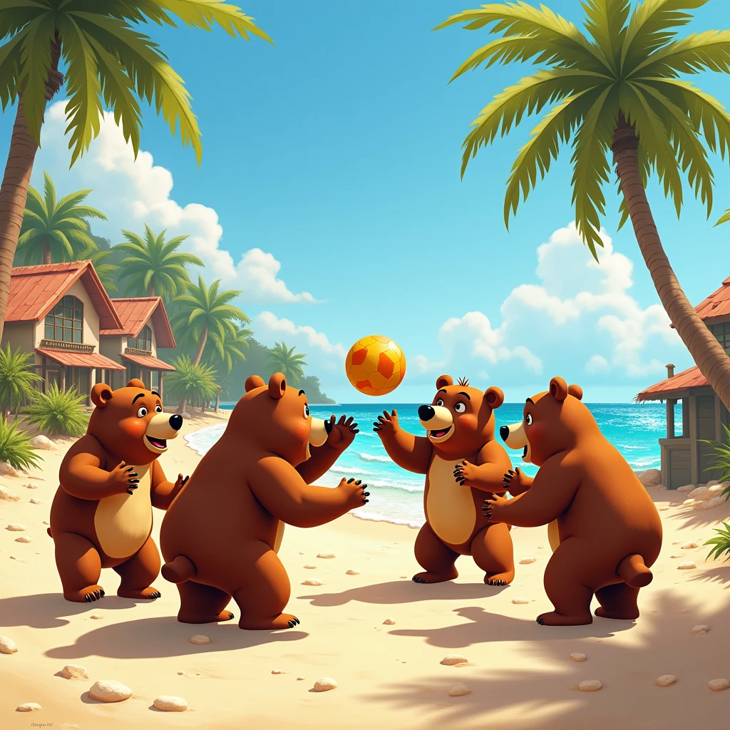 Bears Play Ball with Other Bears in Pixar Style, Beach Beautiful Fur Shines, restают Медведи Купаются, Lots of Bears, Large Wide Format Painting, dynamic shadows, Warmth, Sun Shines, Punches, sea breeze, fun, rest, joy, All is well, Bungalow buildings are visible, palm trees,