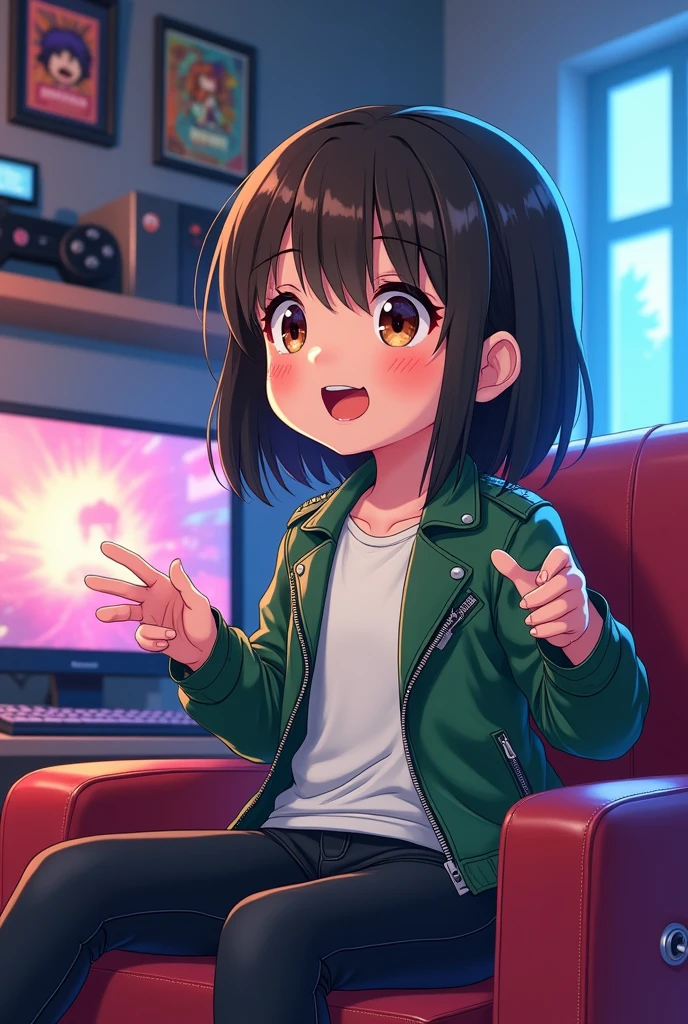 An anime girl around 2 sitting in her gaming room and telling a story. She is Wearing a green leather jacket a white T-shirt and black jeans