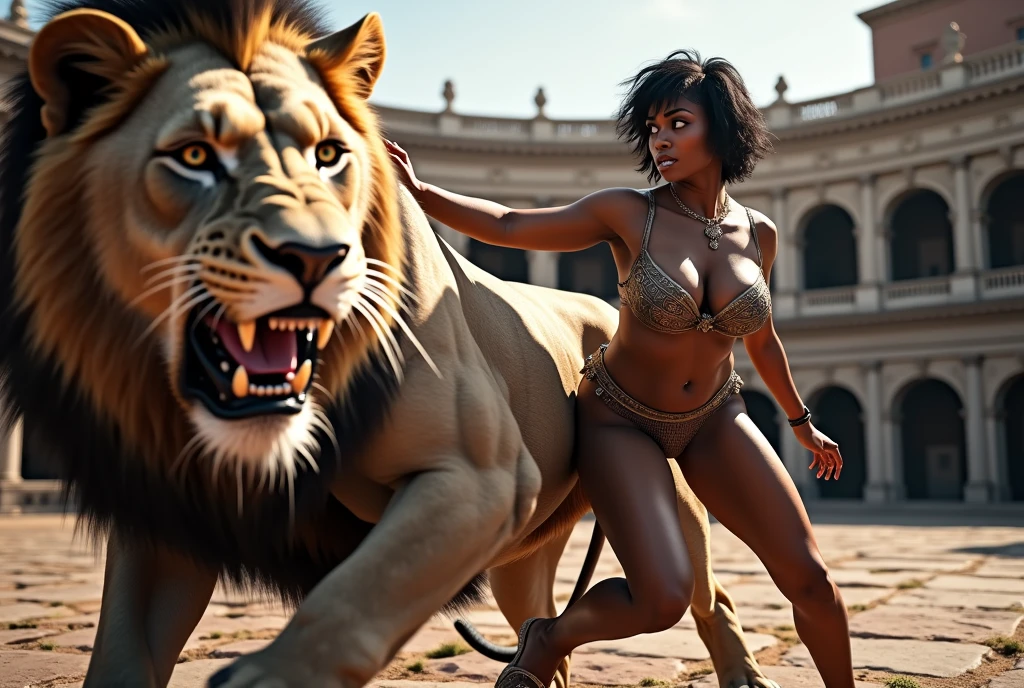 (RAW photo), (Realistic,8k), (photo-realistic), ultra high resolution, masterpiece, highest quality, portrait, facial portrait, perfect lighting, detailed lighting, dramatic shadow, ray tracing, 1 beautiful slave 40 yo woman, , ((Idol face)), perfect anatomy, dark skin, Voluptuous, cleavage, symmetrical eyes, beautiful detailed brown eyes, chubby lips, big thick thighs, abs, muscle, shortcut hair, black hair, half open mouth, ((wearing a erotic Gladiator costume)), ((in Rome Arena)), (((fight with Lion))),