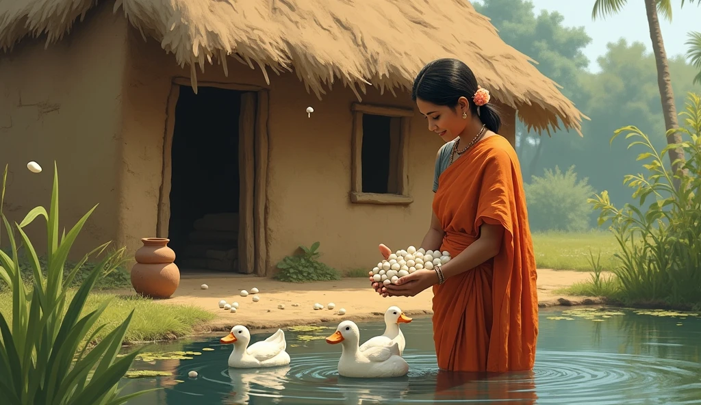 A mud house. Gourd loft next to the house. A pond in front of the house. A few ducks in that pond. In that pond, a woman wearing a sari is holding a duck small small a lot egg in her hand . Pinea gourd loft.