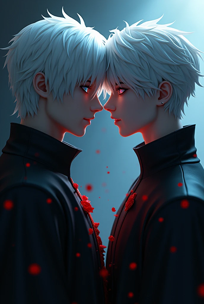 Boy Love story between a guy 2 with white hair, blue eyes and a male shinigami with red eyes. They standing next each other and glare with lovely asmorphere. 3D style and they are all adult, make it a little creepy