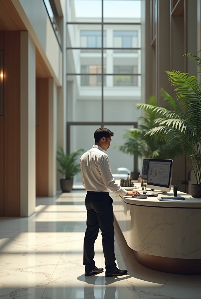 Young man working at a computer in a hotel reception