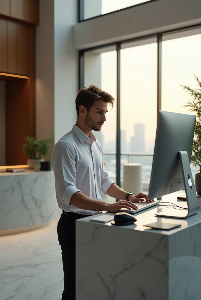 Young man working at a computer in a hotel reception