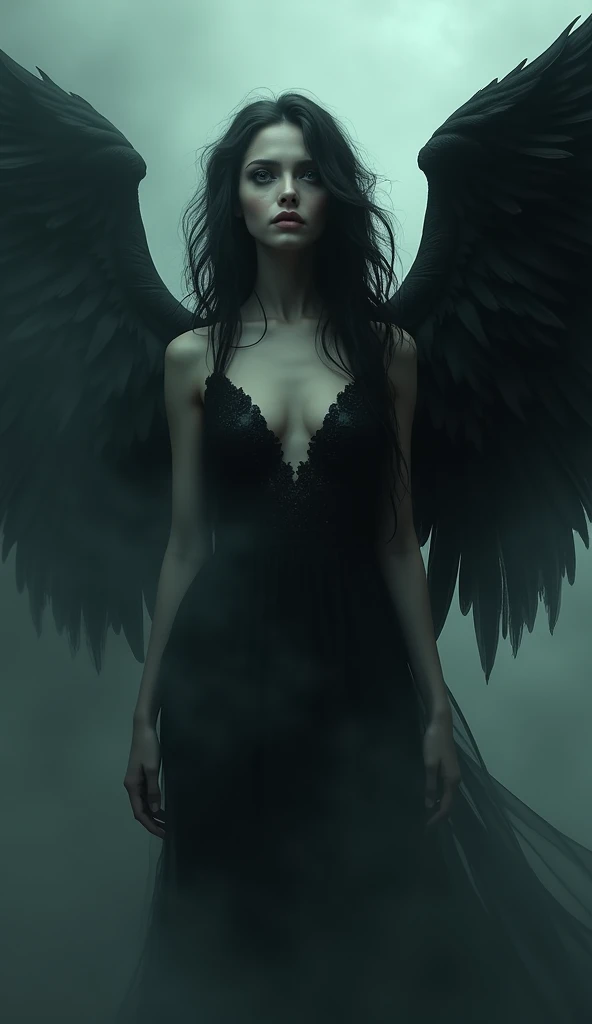 a beautiful angel of death, 1 female, detailed face, piercing eyes, long flowing hair, angelic wings, dark gothic dress, dramatic pose, dramatic lighting, cinematic atmosphere, vibrant colors, dramatic shadows, moody, eerie, melancholic, (best quality,4k,8k,highres,masterpiece:1.2),ultra-detailed,(realistic,photorealistic,photo-realistic:1.37),dramatic lighting,dark moody colors,digital painting