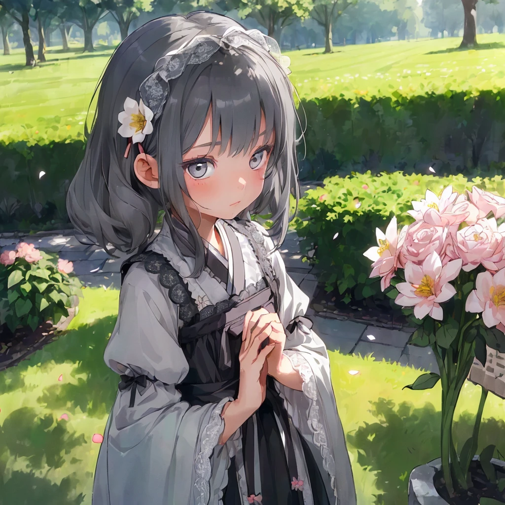 (Little Girl: 1.5), Lace, Ribbon, Hanfu, (masterpiece, Side Light, Beautifully and beautiful gray eyes: 1.2), masterpiece, Practical, Glowing eyes, Shiny hair, Black Hair, Long hair, Glowing skin, Solitary, Awkward, Strapless, Beautifully, beautiful, garden, Flowers, Fluttering petals,